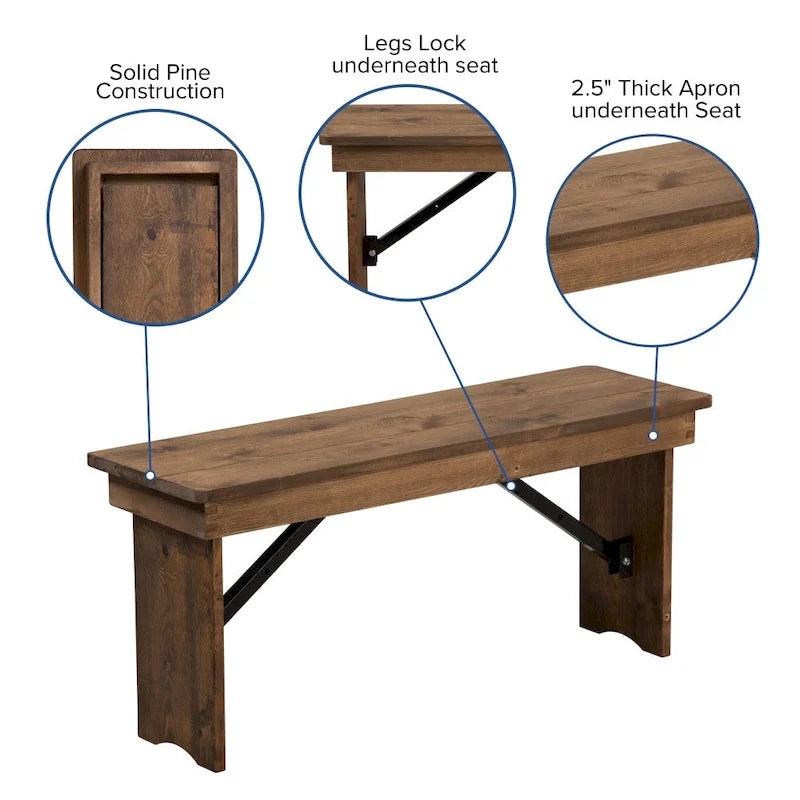 Table de ferme pliante en pin massif avec 6 bancs