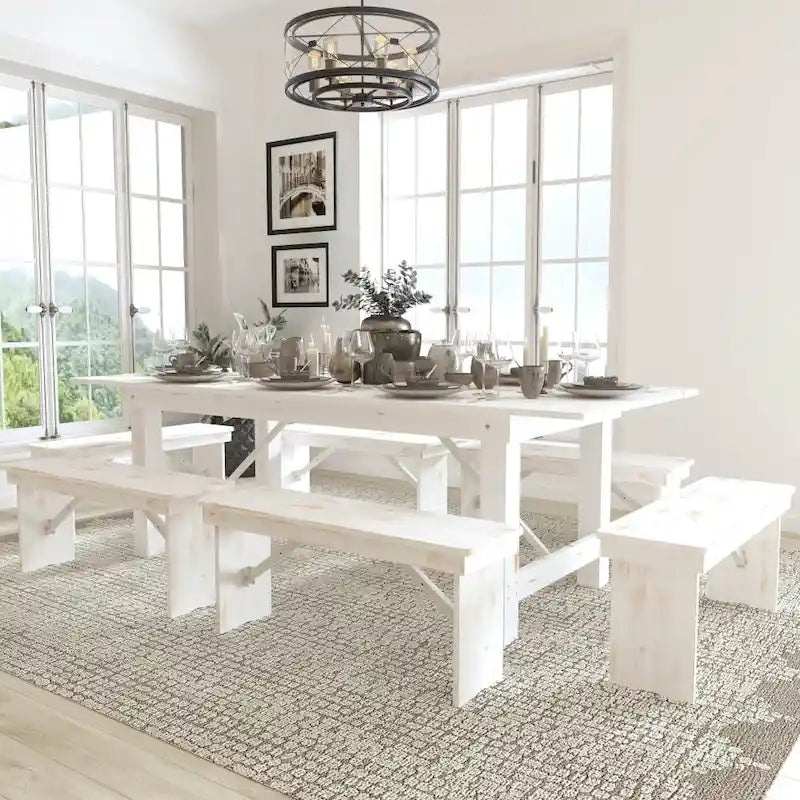 Table de ferme pliante en pin massif avec 6 bancs
