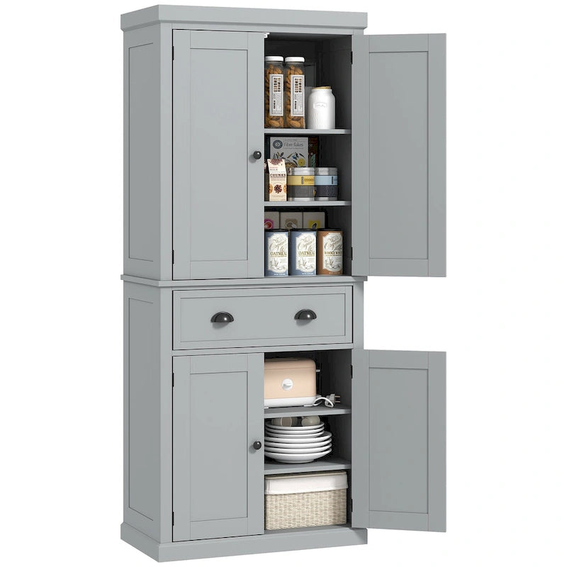 72 Armoire de cuisine autoportante, Armoire de rangement haute avec 2 placards, tiroir et étagères réglables