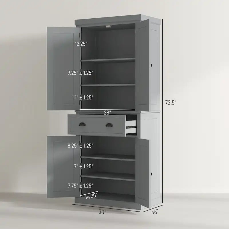 72 Armoire de cuisine autoportante, Armoire de rangement haute avec 2 placards, tiroir et étagères réglables
