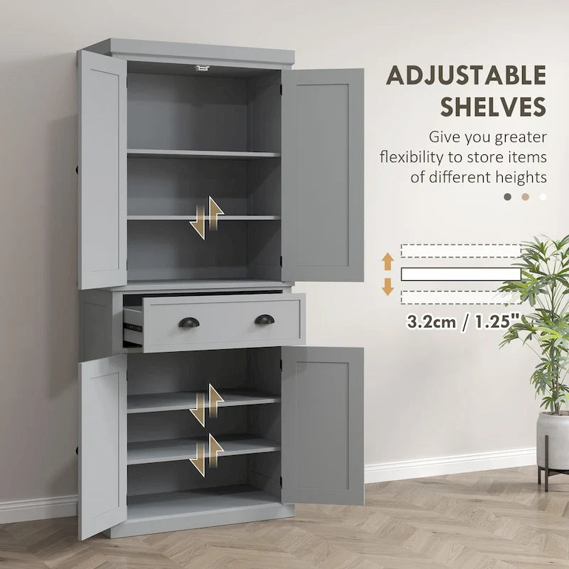 72 Armoire de cuisine autoportante, Armoire de rangement haute avec 2 placards, tiroir et étagères réglables