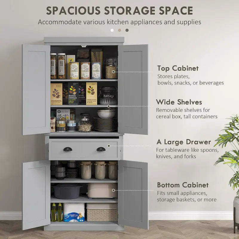 72 Armoire de cuisine autoportante, Armoire de rangement haute avec 2 placards, tiroir et étagères réglables