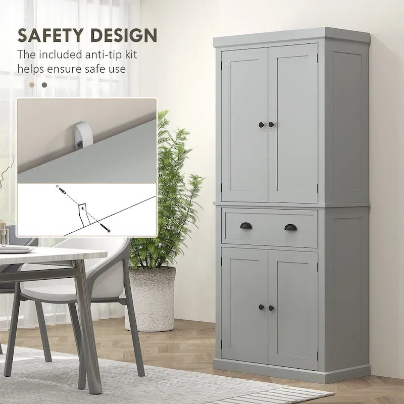 72 Armoire de cuisine autoportante, Armoire de rangement haute avec 2 placards, tiroir et étagères réglables