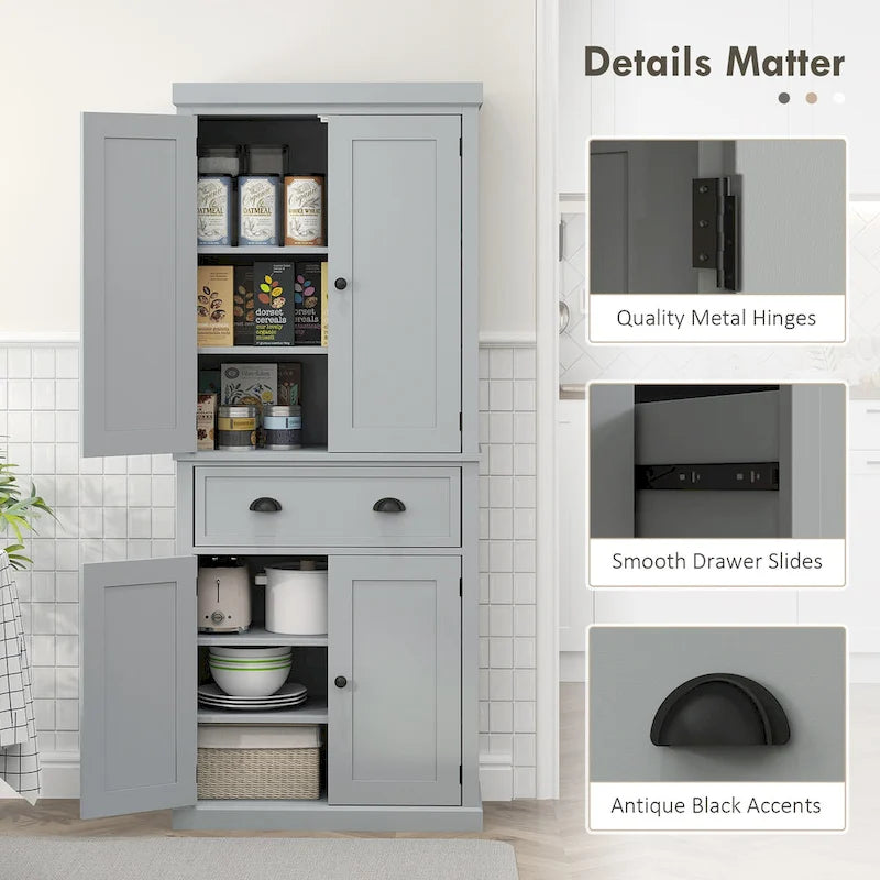 72 Armoire de cuisine autoportante, Armoire de rangement haute avec 2 placards, tiroir et étagères réglables