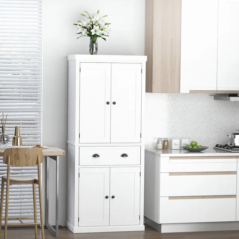 72 Armoire de cuisine autoportante, Armoire de rangement haute avec 2 placards, tiroir et étagères réglables