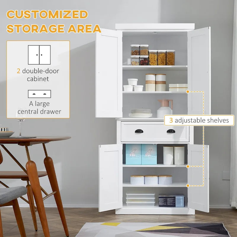 72 Armoire de cuisine autoportante, Armoire de rangement haute avec 2 placards, tiroir et étagères réglables