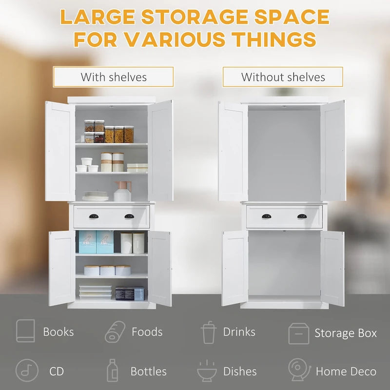 72 Armoire de cuisine autoportante, Armoire de rangement haute avec 2 placards, tiroir et étagères réglables