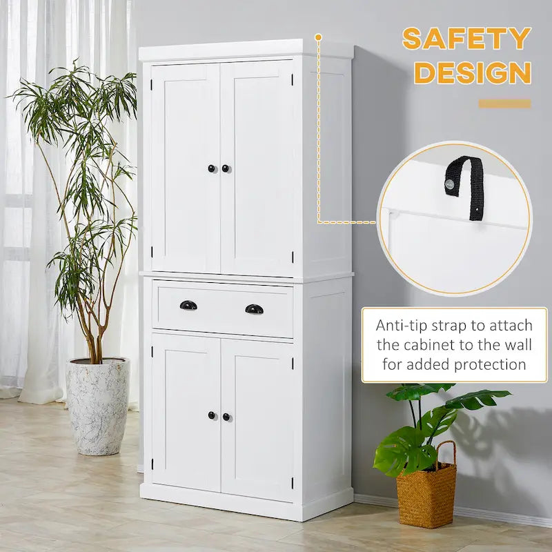 72 Armoire de cuisine autoportante, Armoire de rangement haute avec 2 placards, tiroir et étagères réglables