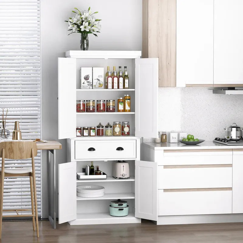 72 Armoire de cuisine autoportante, Armoire de rangement haute avec 2 placards, tiroir et étagères réglables