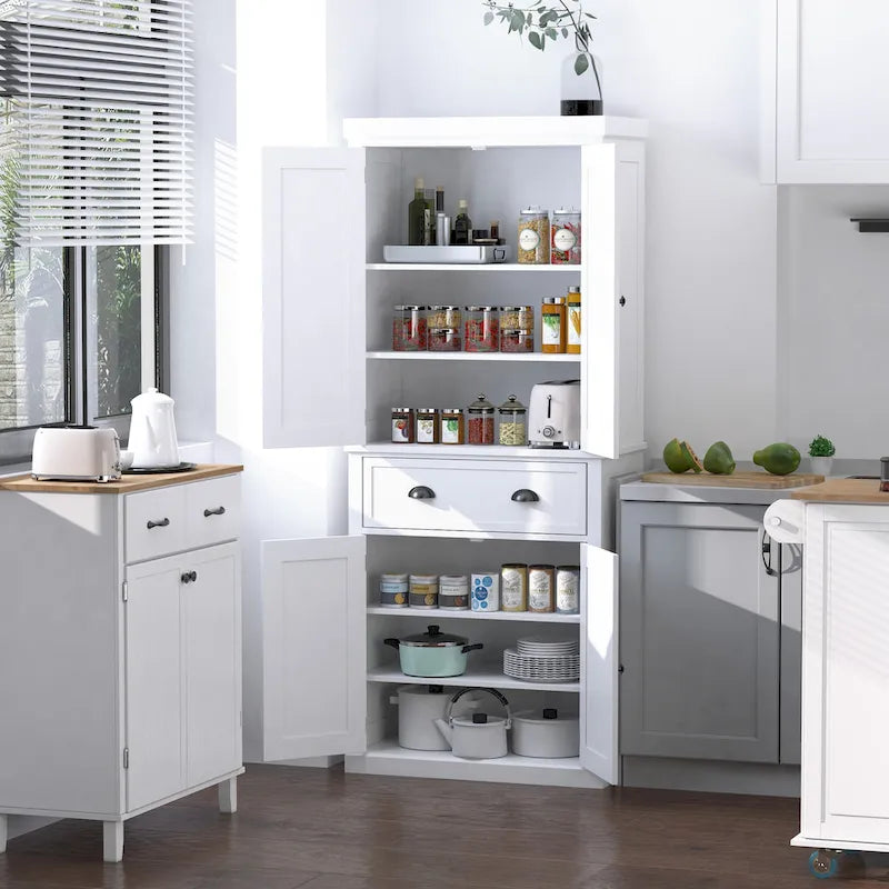 72 Armoire de cuisine autoportante, Armoire de rangement haute avec 2 placards, tiroir et étagères réglables