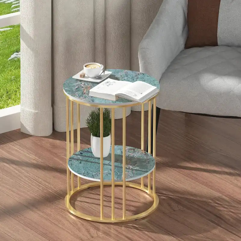 Table d'appoint de canapé ronde à 2 niveaux en pierre frittée avec cadre doré