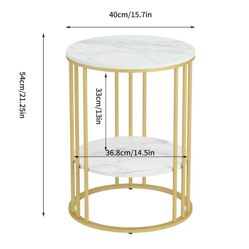 Table d'appoint de canapé ronde à 2 niveaux en pierre frittée avec cadre doré