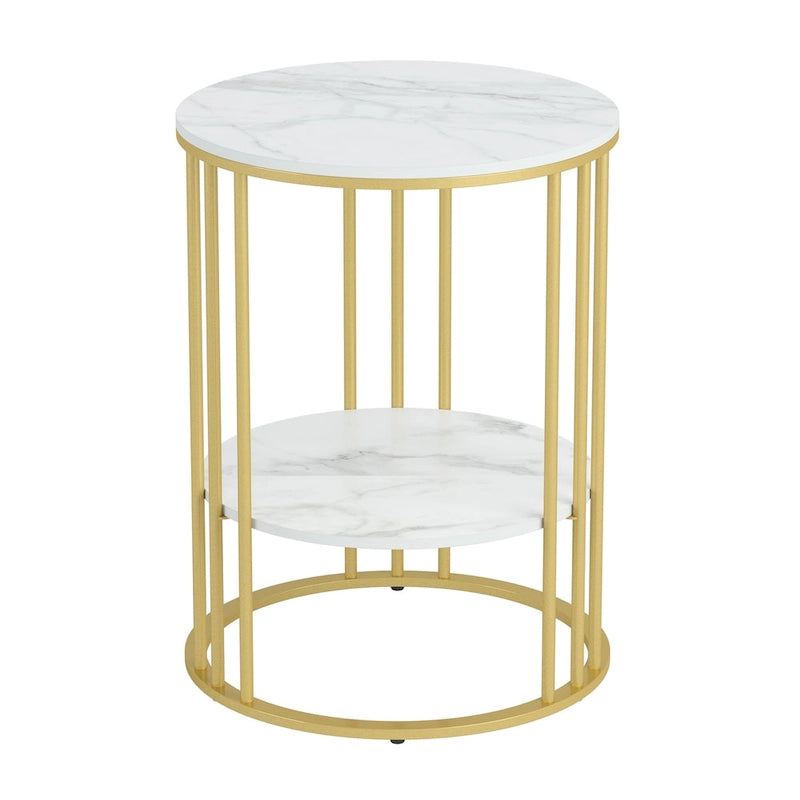 Table d'appoint de canapé ronde à 2 niveaux en pierre frittée avec cadre doré