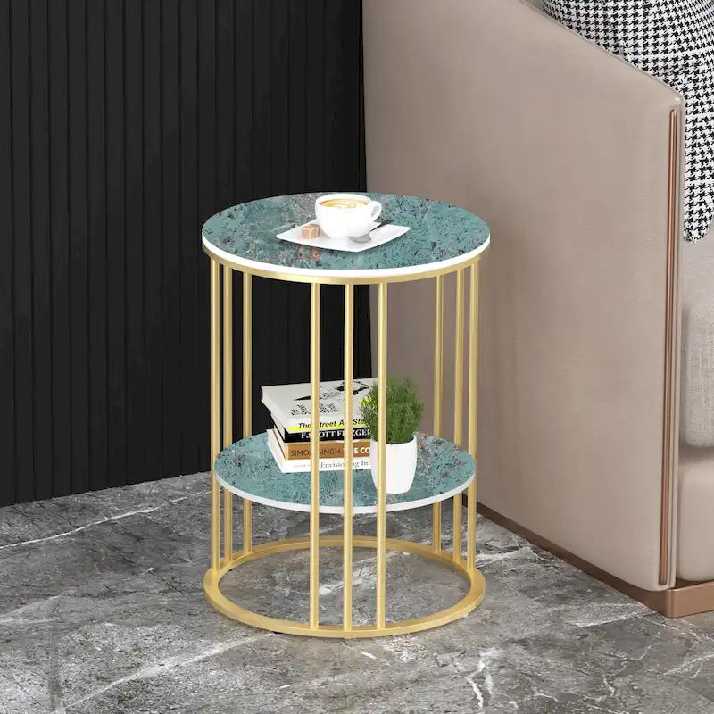 Table d'appoint de canapé ronde à 2 niveaux en pierre frittée avec cadre doré