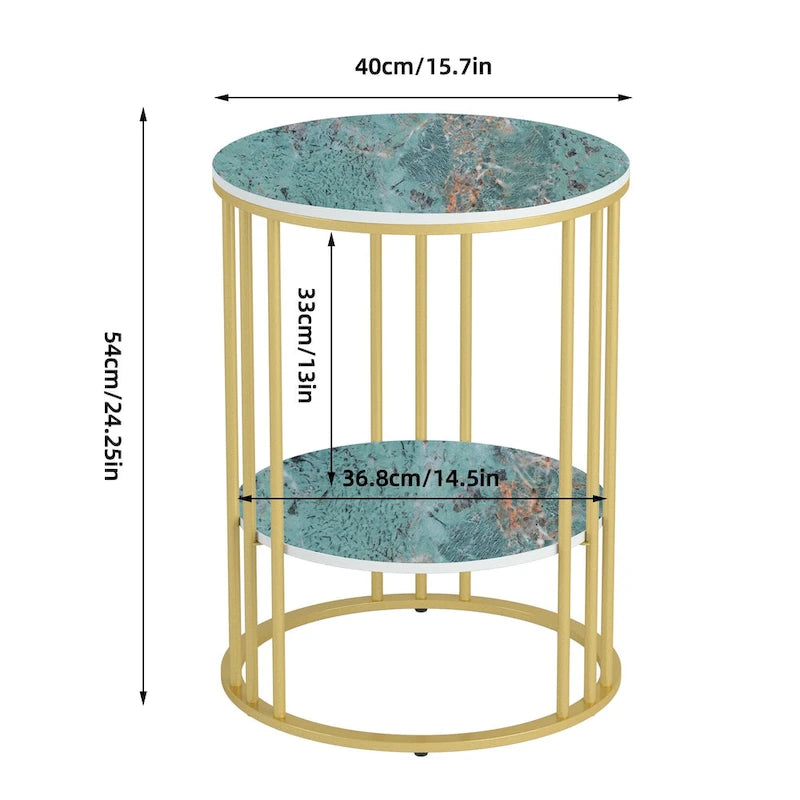 Table d'appoint de canapé ronde à 2 niveaux en pierre frittée avec cadre doré