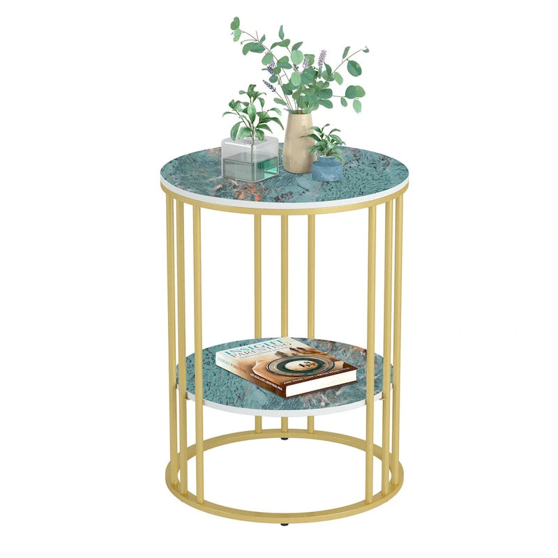 Table d'appoint de canapé ronde à 2 niveaux en pierre frittée avec cadre doré