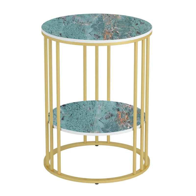 Table d'appoint de canapé ronde à 2 niveaux en pierre frittée avec cadre doré