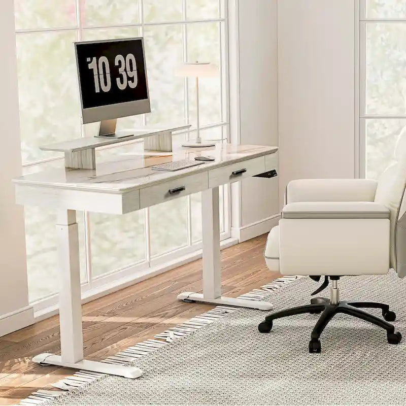 Bureau debout ergonomique 55" en ardoise avec 2 tiroirs et support d'écran
