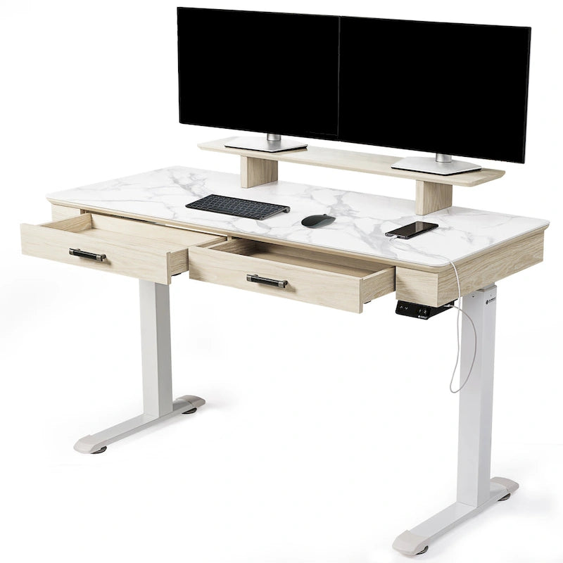 Bureau debout ergonomique 55" en ardoise avec 2 tiroirs et support d'écran