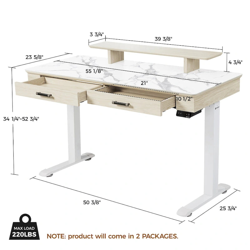 Bureau debout ergonomique 55" en ardoise avec 2 tiroirs et support d'écran