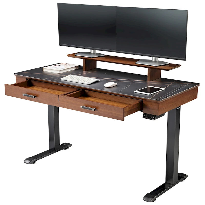 Bureau debout ergonomique 55" en ardoise avec 2 tiroirs et support d'écran