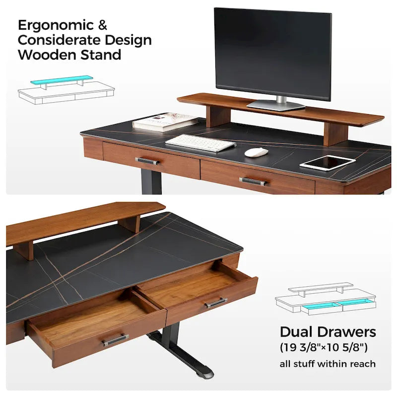 Bureau debout ergonomique 55" en ardoise avec 2 tiroirs et support d'écran
