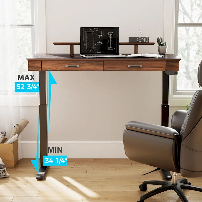 Bureau debout ergonomique 55" en ardoise avec 2 tiroirs et support d'écran