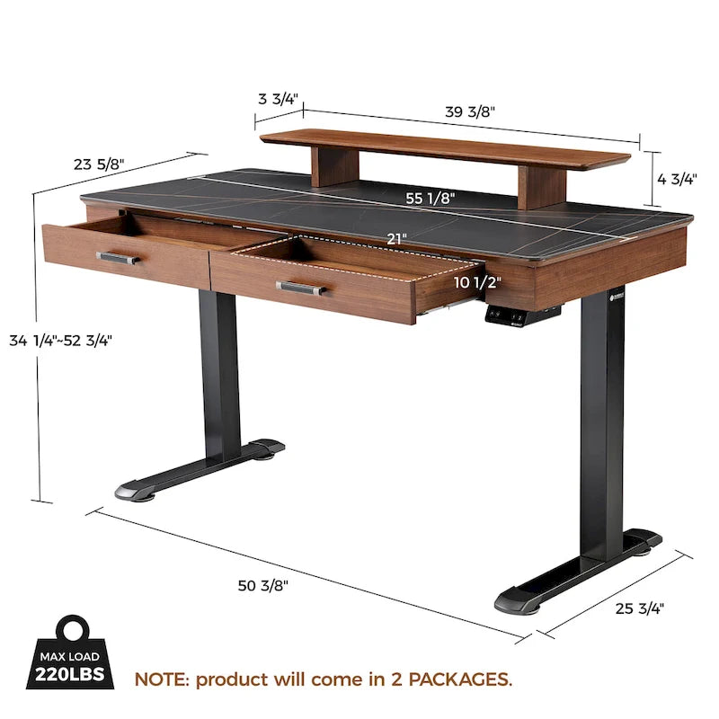 Bureau debout ergonomique 55" en ardoise avec 2 tiroirs et support d'écran
