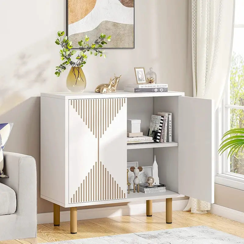 Grand meuble de rangement blanc moderne, meuble bas autoportant