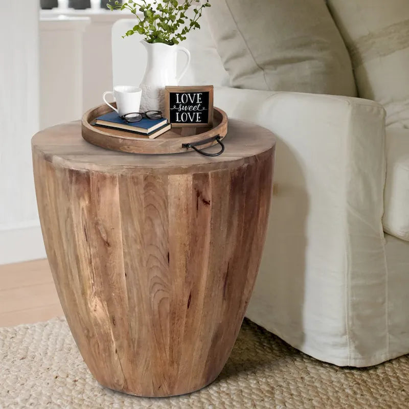 Arthur Handcarved Cylindrical Shape Round Mango Wood Distressed Wooden Side End Table, Brown