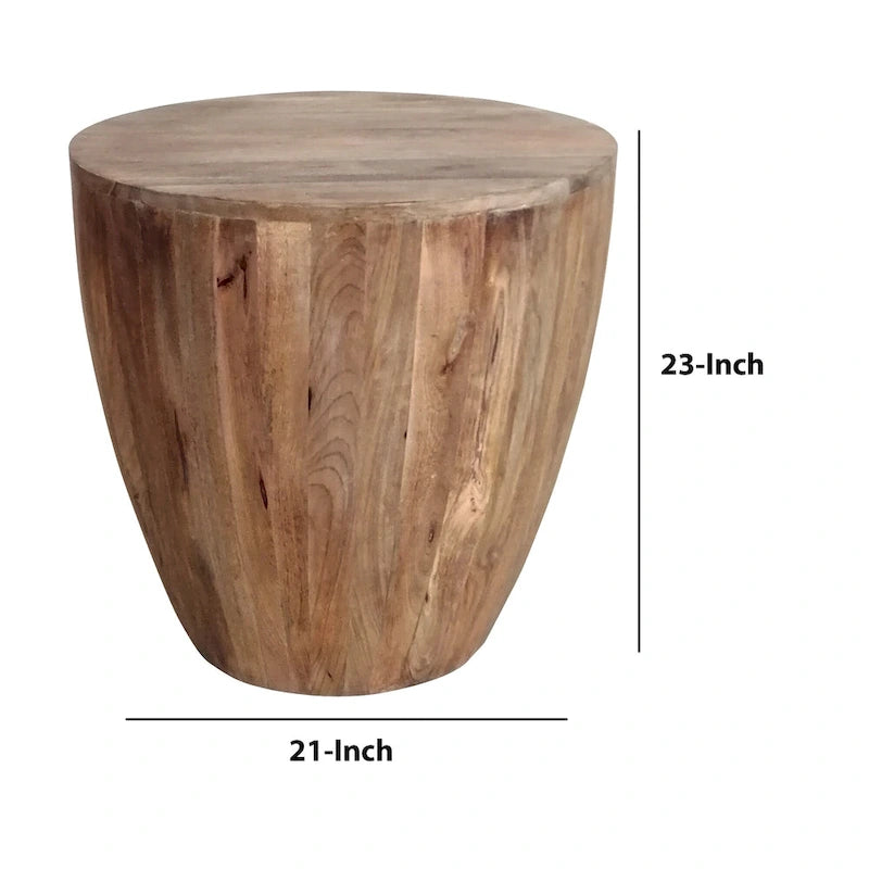 Table d'appoint en bois de manguier vieilli de forme cylindrique sculptée à la main Arthur, marron