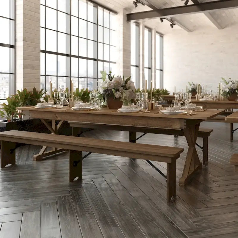 Table à manger de ferme en pin massif avec pieds en X - 2,75 m x 1 m