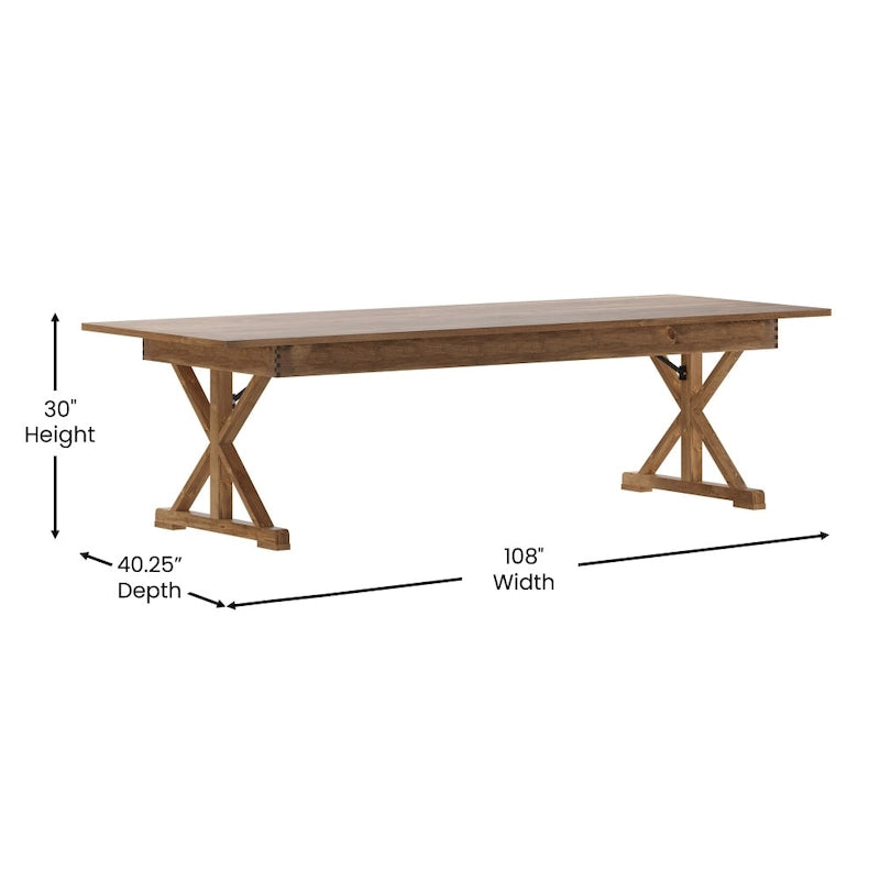 Table à manger de ferme en pin massif avec pieds en X - 2,75 m x 1 m