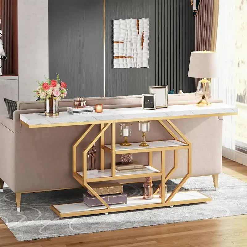 Table console extra longue de 180 cm, table moderne derrière le canapé, table d'entrée en faux marbre pour le salon, le couloir