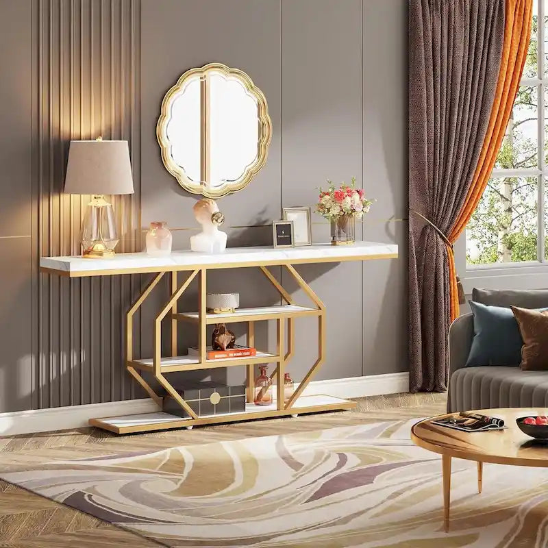 Table console extra longue de 180 cm, table moderne derrière le canapé, table d'entrée en faux marbre pour le salon, le couloir