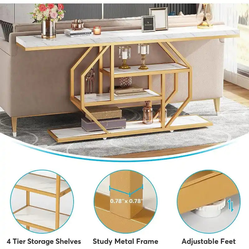 Table console extra longue de 180 cm, table moderne derrière le canapé, table d'entrée en faux marbre pour le salon, le couloir