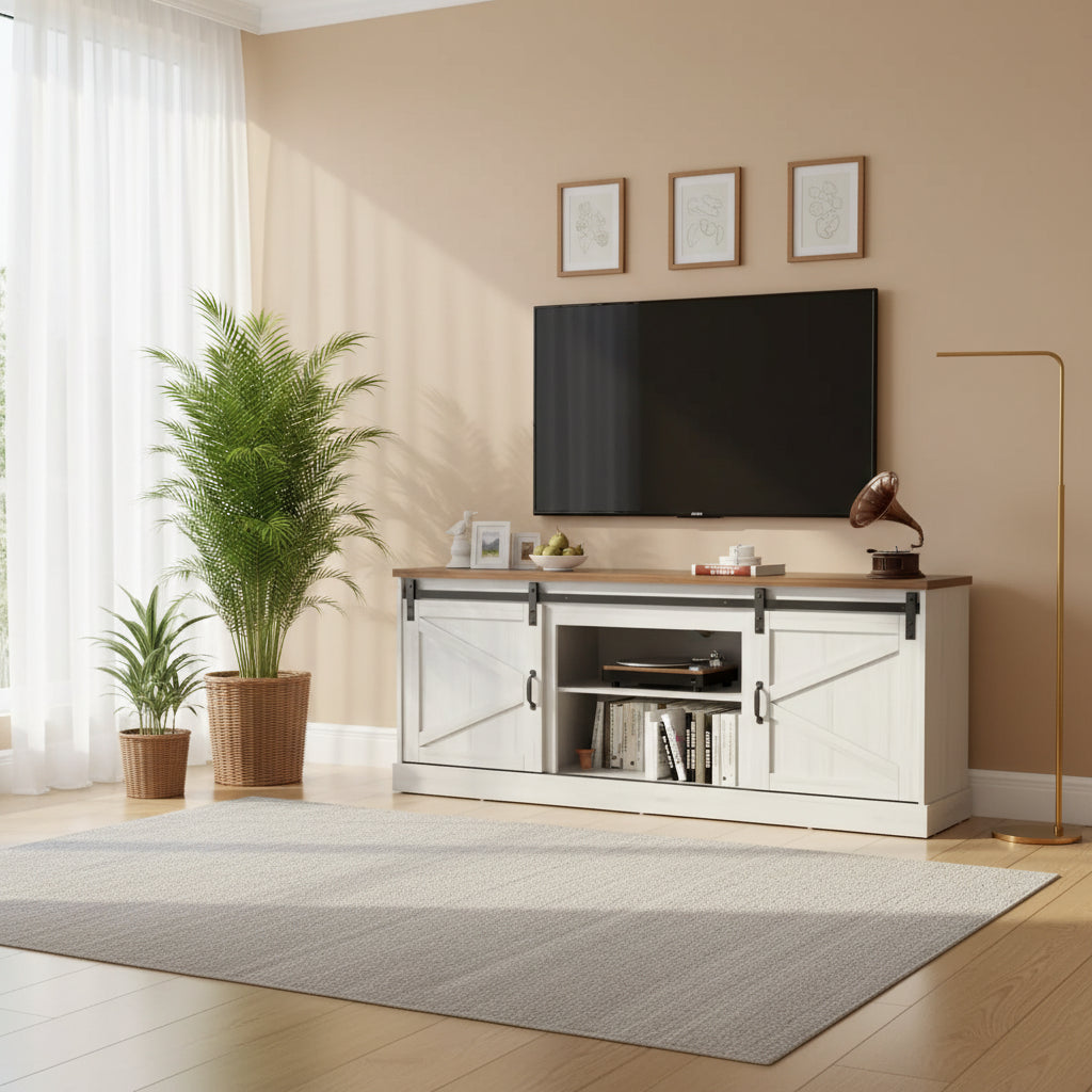 67 Farmhouse TV Stand with Large Cabinet with Sliding Barn Door & Fireplace