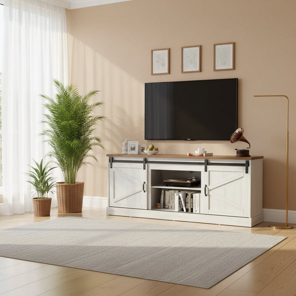 67 Farmhouse TV Stand with Large Cabinet with Sliding Barn Door & Fireplace
