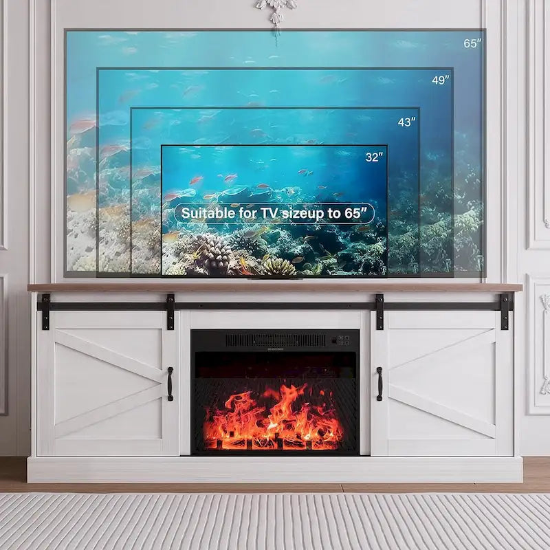 Meuble TV de ferme de 67 po avec grand placard avec porte coulissante de style grange et cheminée