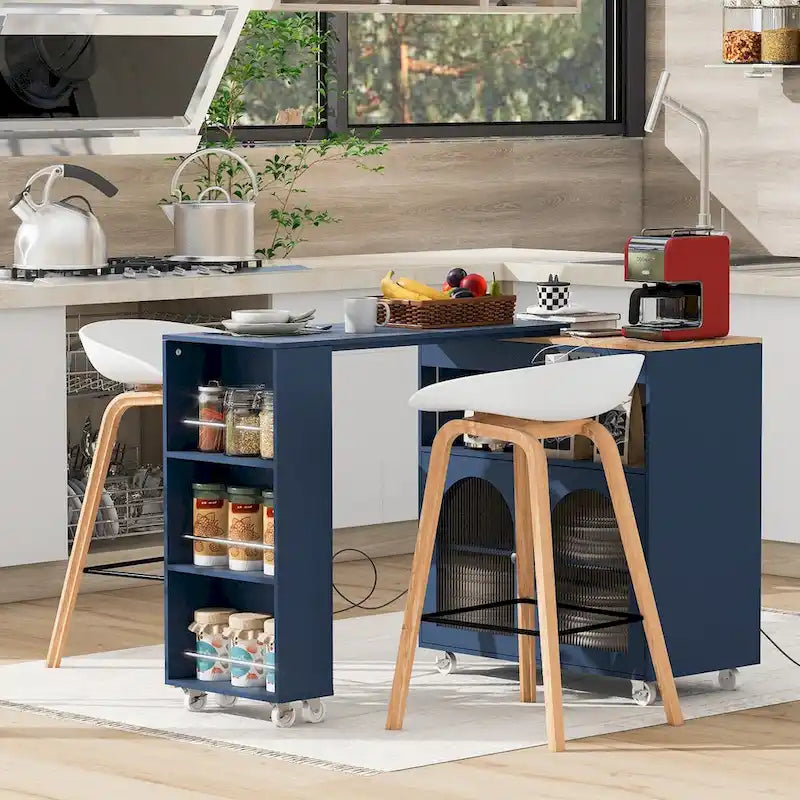 Dessertes de cuisine en bois d'hévéa avec rallonge rabattable, 2 portes en verre cannelé, éclairage LED et prise électrique