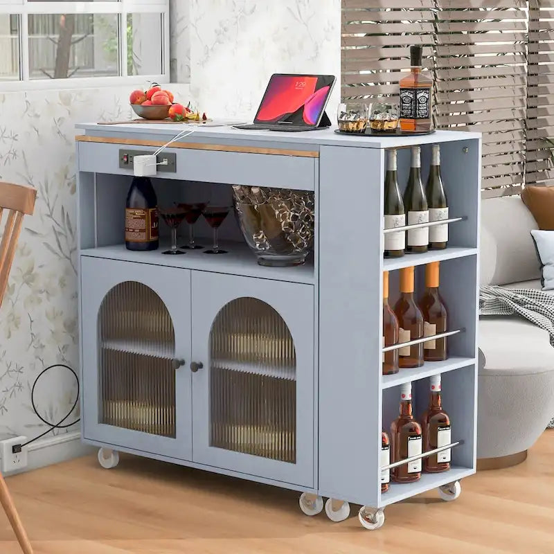 Dessertes de cuisine en bois d'hévéa avec rallonge rabattable, 2 portes en verre cannelé, éclairage LED et prise électrique