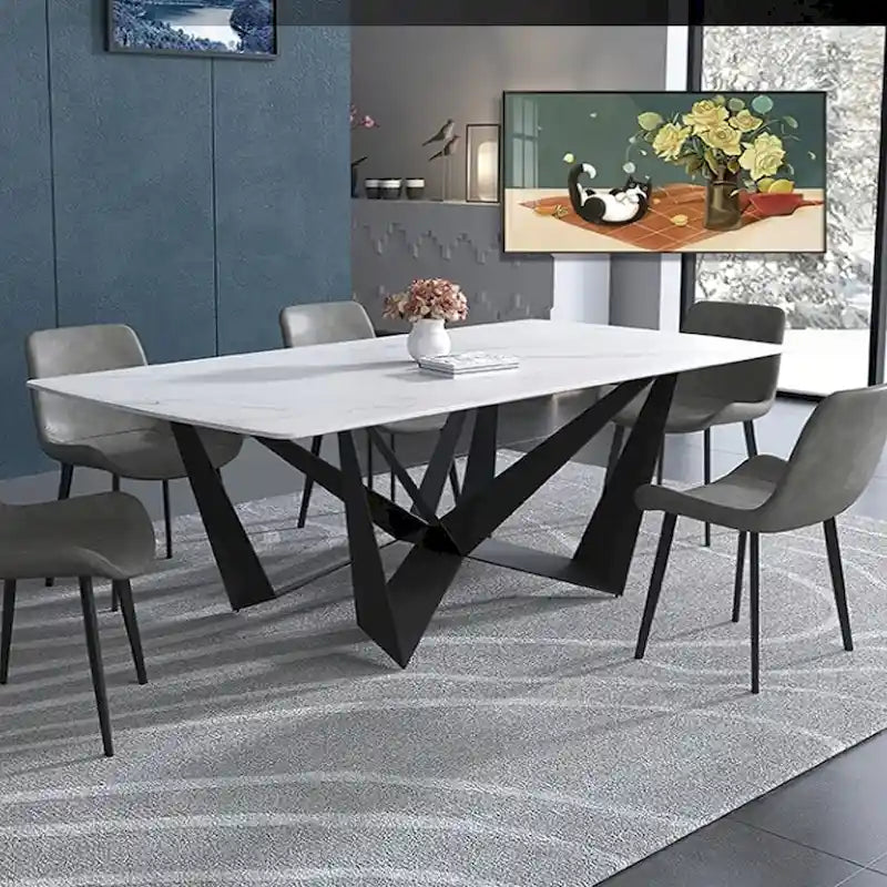 Table de salle à manger moderne élégante rectangulaire en pierre frittée blanche