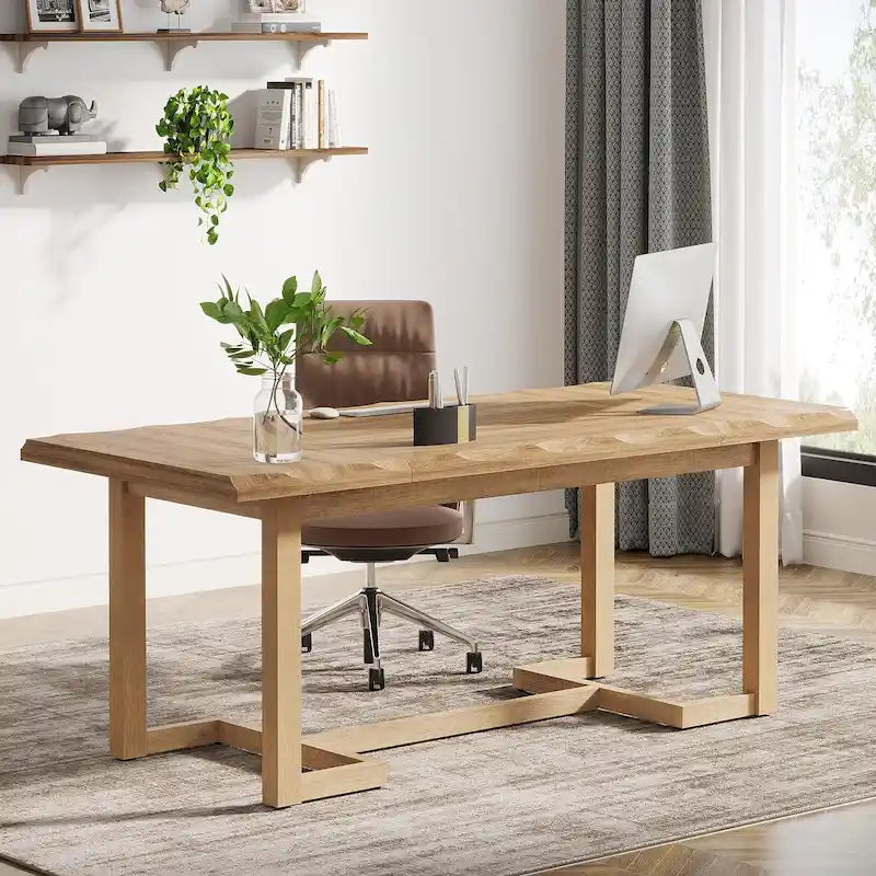 Bureau d'ordinateur rectangulaire en bois de 62,2 pouces avec pieds en bois massif
