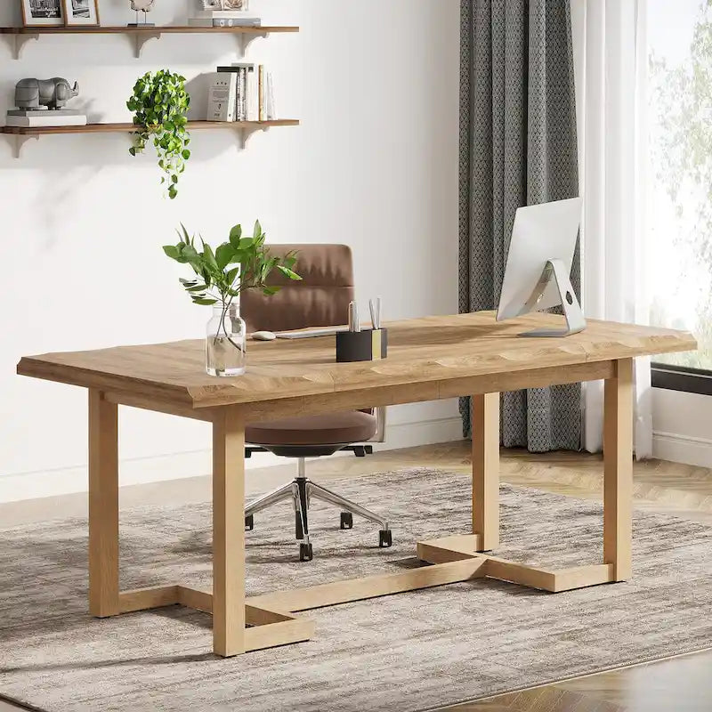 Bureau d'ordinateur rectangulaire en bois de 62,2 pouces avec pieds en bois massif