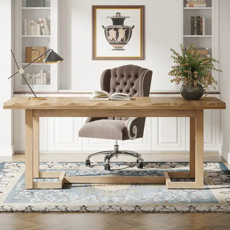 Bureau d'ordinateur rectangulaire en bois de 62,2 pouces avec pieds en bois massif