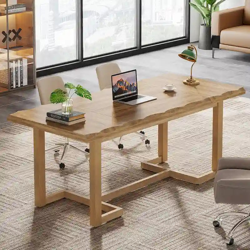 Bureau d'ordinateur rectangulaire en bois de 62,2 pouces avec pieds en bois massif