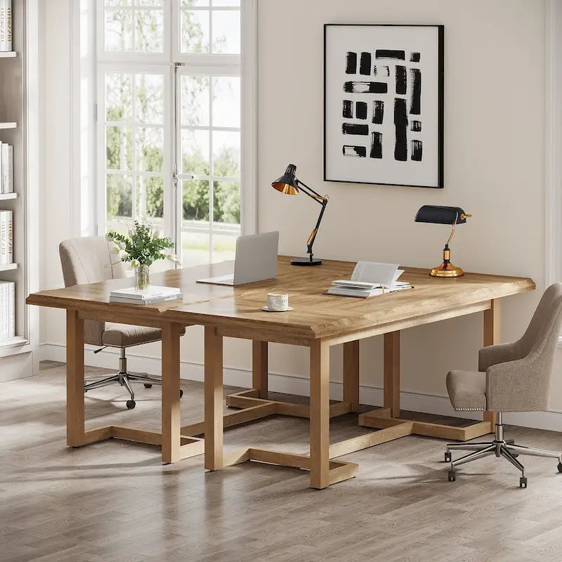 Bureau d'ordinateur rectangulaire en bois de 62,2 pouces avec pieds en bois massif