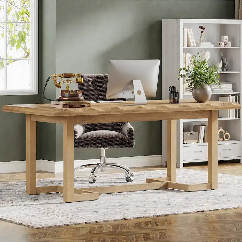 Bureau d'ordinateur rectangulaire en bois de 62,2 pouces avec pieds en bois massif