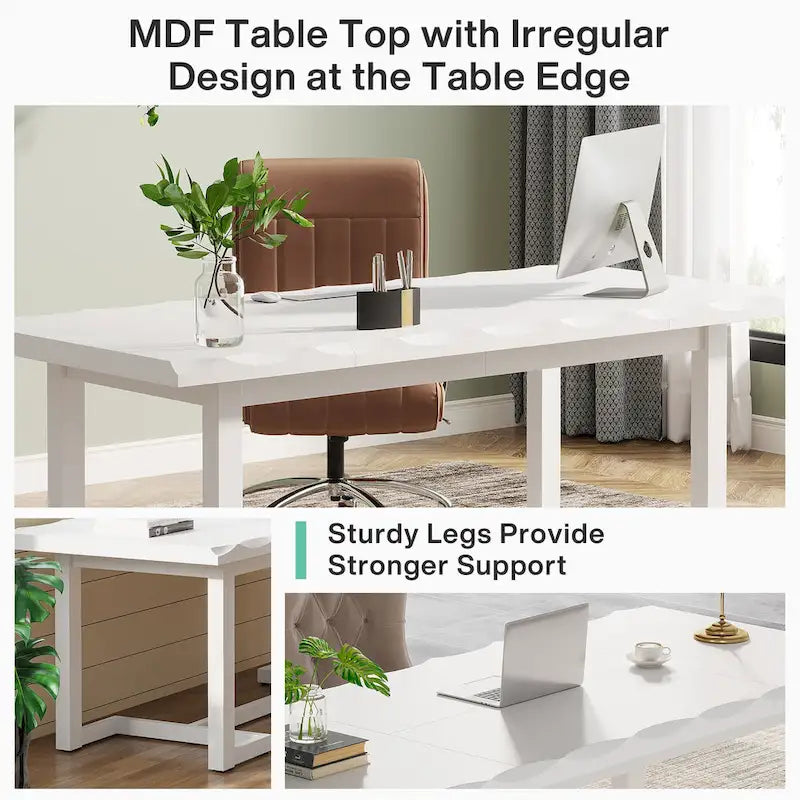 Bureau d'ordinateur rectangulaire en bois de 62,2 pouces avec pieds en bois massif