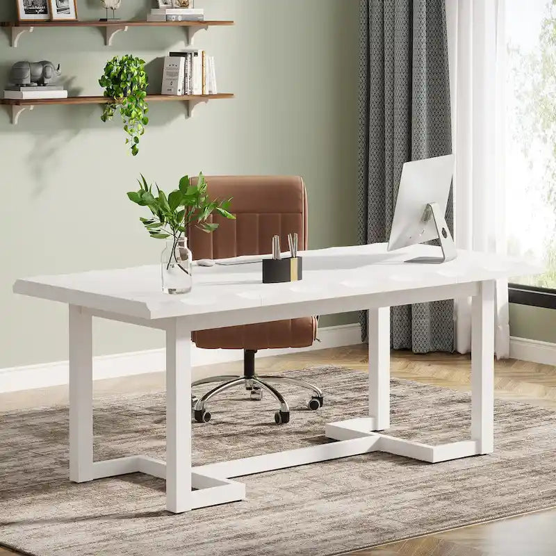 Bureau d'ordinateur rectangulaire en bois de 62,2 pouces avec pieds en bois massif